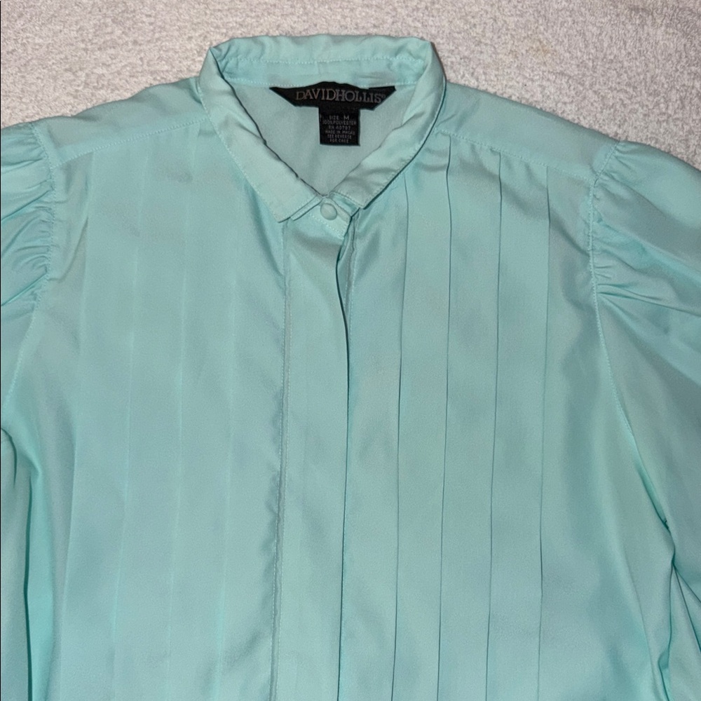VTG David Hollis Pleated Button Up Blouse Puff Sleeve Mandarin Secretary 80s